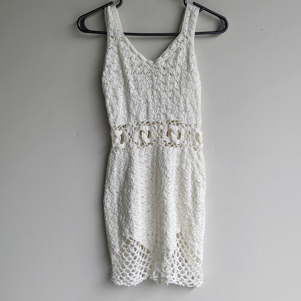 White crochet knit sleeveless mini dress